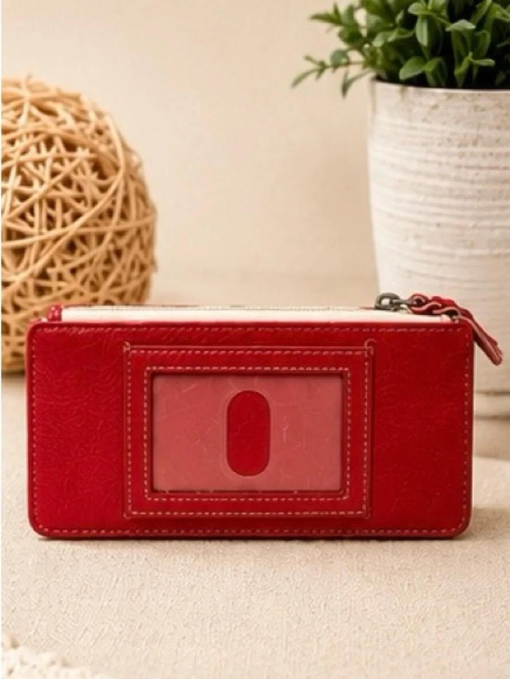 Fossil Wallet Red Leather Geo Print Zip Snap Tab Card Holder
